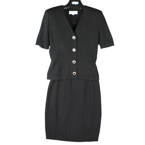 St. John Evening Marie Gray Knit Single Breasted Jacket Skirt Suit Set Black 8